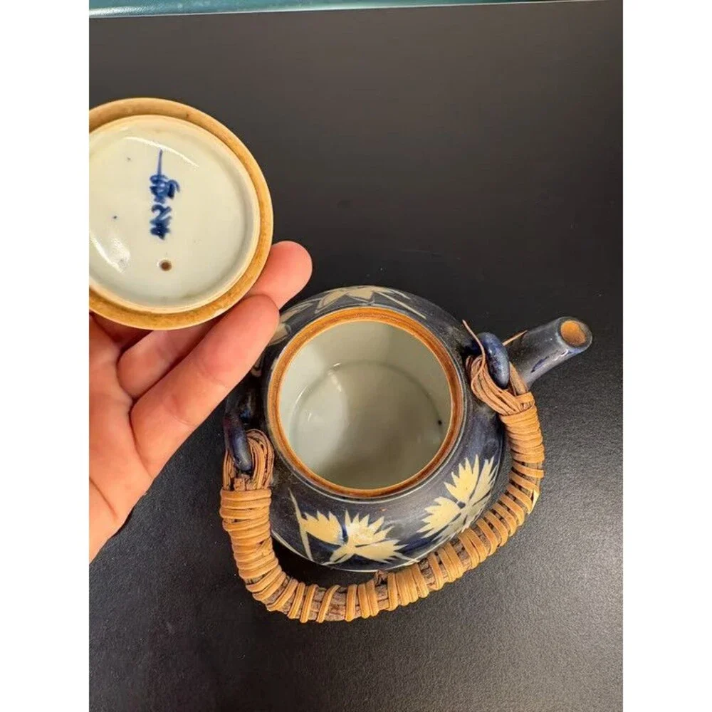 Japanese Dobin Teapot Cobalt Blue Wax Resist Lilies Rattan Handle Signed Lid